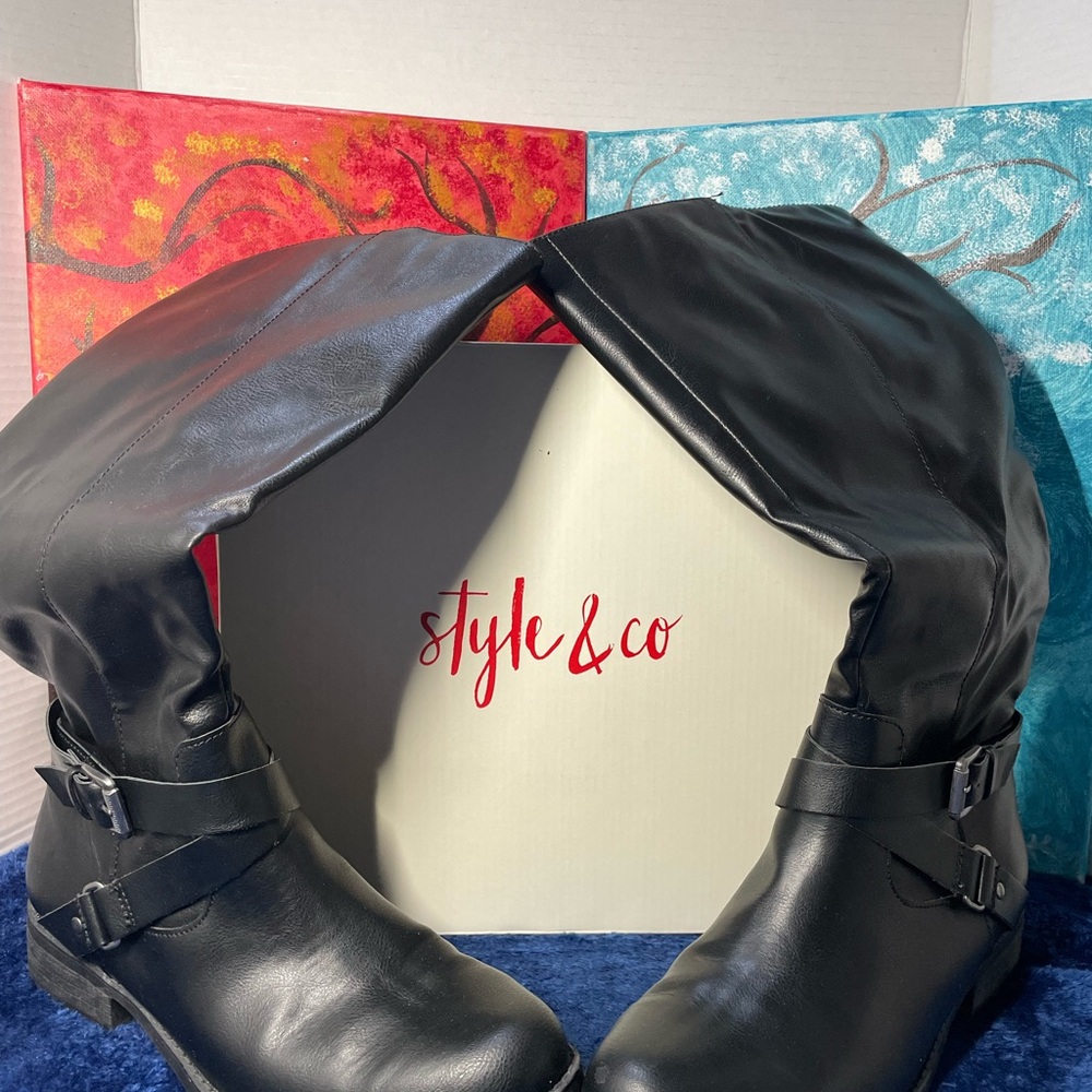 Style & Co. women’s Marilee moto dressy black mid-calf boots faux leather. 9M.